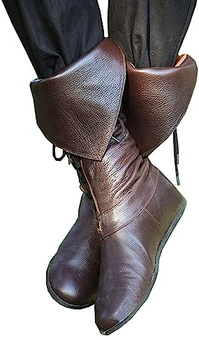 Stivali medievali, 1 paio di stivali in pelle PU, stivali rinascimentali medievali, cosplay, Halloween, gotico, cavaliere vichingo, stivali in pelle, stivali da uomo a metà polpaccio, per cosplay (43)