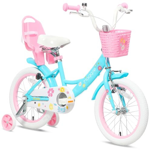 Glerc Maggie 16 Zoll Kinderfahrrad Alter 4 5 6 7 Jahre alt Mädchen Fahrrad Prinzessin Stil mit Puppen-Sitz & Korb & Stützräder & Glocke für Geburtstag, Blau