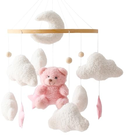 Herfair Cloche de lit mobile pour bébé avec ours en peluche - En bois - Pour fille - Carillon éolien mobile à suspendre - Pour lit de bébé - Rose