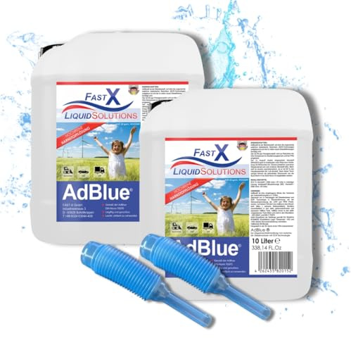 FASTX LIQUIDSOLUTIONS AdBlue 2x10 Liter (20Liter) Set inklusive Einfüllhilfe/Einfüllschlauch – Hochreine SCR Harnstoff, Harnstofflösung für Diesel Fahrzeuge, Auto, PKW, LKW