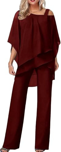 Traje de pantalón para mujer, elegante, para invitada de boda, traje formal de gasa de 2 piezas, talla grande, para graduación, noche, traje de dos piezas, traje de madre de la novia, #02 Rojo, XXL