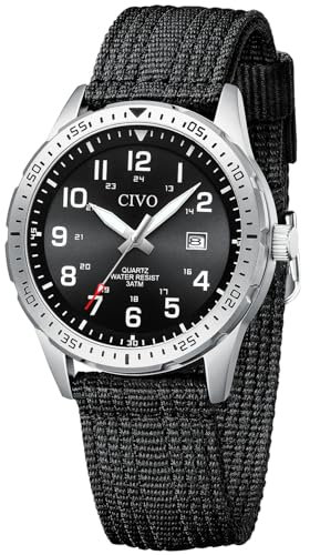 CIVO Uhren Herren Militär Schwarz: Klassische Wasserdicht Armbanduhr mit Datum Leuchtend - Analog Quarz Uhren für Männer Feld Nylon Band Armee Taktische