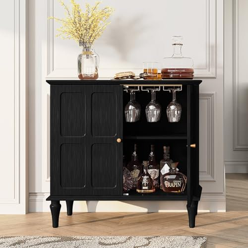 MROJISC Weinschrank, Sideboard Mittelalterlicher Schrank Barschrank Alkoholschrank Flaschenregal Holz, Buffetschrank für Bar, Küche, Esszimmer, Wohnzimmer, Schwarz