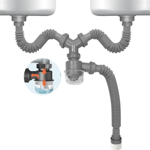 QruiLanTu Kit de desagüe de doble lavabo expandible flexible de 1 1/2 pulgadas P-Trap, el tubo de desagüe viene con una válvula de desagüe visible y removible, fácil de limpiar para el baño, kit de