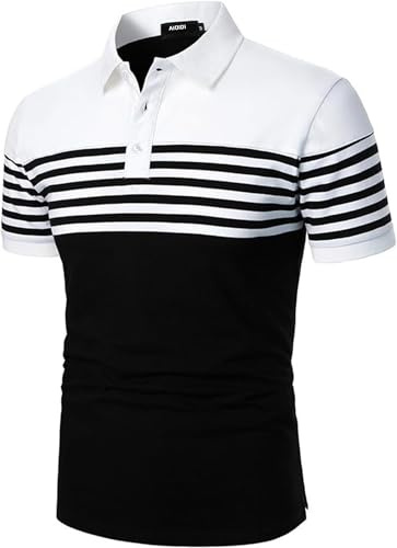 AIOIDI Polo Manches Courtes rayé Coton Hommes T-Shirt Décontracté Mode Blanc-Noir XL