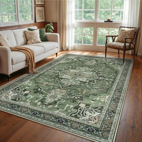 GENIMO Antiskid Vintage Orientisk Tapet för Vardagsrum, Maskintvättbar, Kort Borste, Tapet för Entré, Inre Rum, Sovrum & Gang, 200x290CM, Grönt
