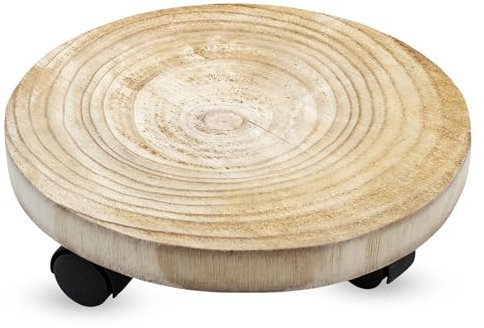 Spetebo Pflanzentrolley aus Baumscheibe massiv - 30 cm - Holz Blumentopf Unterteller rund mit 4 Rollen - Pflanzenroller Pflanzenwagen Rolluntersetzer Rollbrett