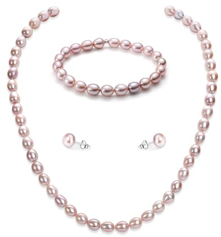 YAMI Juego de collar y pendientes de perlas blancas y moradas, 6-7 mm, plata de ley 925, perlas cultivadas naturales, collar de perlas para mujer, joyas para cualquier ocasión., 6-7MM, Perla