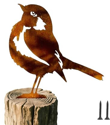 QACUU Rusty Metal Sparrow Sculpture Garden Ornament, Lifelike Patina Bird Silhouette for Garden Decor, Outdoor Statues and Fence Toppers, Vintage-Style Robin Ornaments Outdoor(Screws Included)