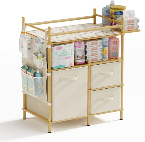 Amazer Baby Changing Table, Bamboo Baby Dresser Table with Flat Top, Diaper Changing Station with 3 Removable Storage Drawers, Large Storage Nursery Organizer Shelves with Pad, Mesh Pocket