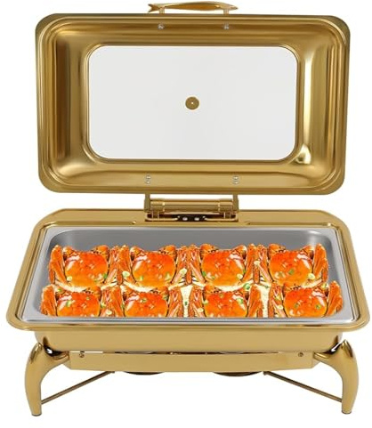 Platos calentadores for bufé, juego de platos calentadores de, calentador de comida con tapa de vidrio de marco grueso for catering, fiestas y bodas (dorado)