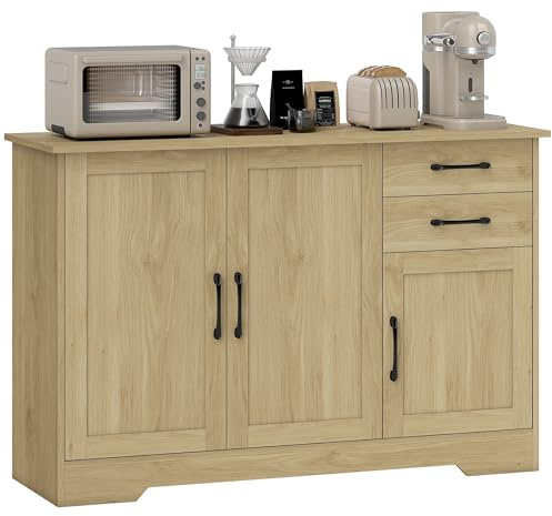 HOMCOM Aparador 3 Puertas, Aparador para Salón Rústico Moderno, con 2 Cajones, Estante Ajustable, Bisagra Cierre Suave, para Comedor, Entrada, Dormitorio, Natural, 120x38x79 cm