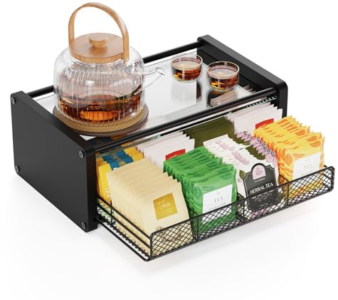 Tea Bag Organizer, Tea Organizer and Storage with Drawers, Tea Bag Holder with Divided Compartments, Wooden Kitchen Organizers and Storage for Kitchen, Countertop, Office, Tea Station