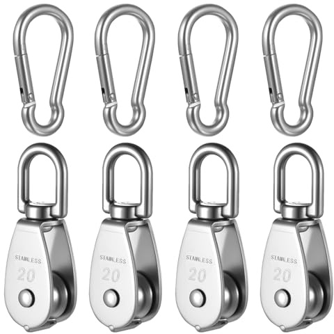4 Pcs M20 Poulie de Levage Simples pour grue, Poulies pour Cordes, poulie simple pivotantes à 360° en acier inox, rouleaux de câble pour levage, charge jusqu'à 75 kg avec 4 crochets à ressort M6