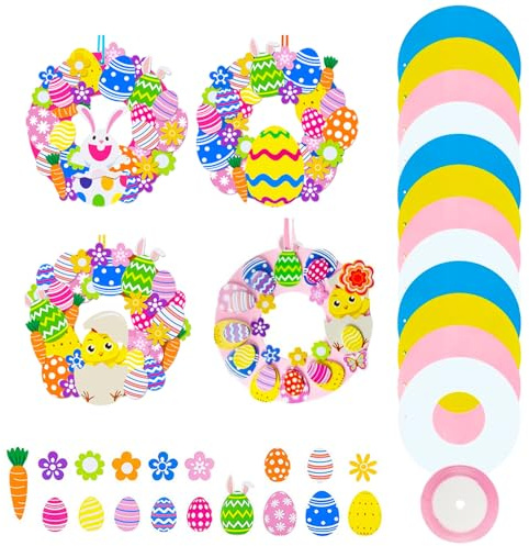 GZGXKJ 12 Piezas Corona de Pascua DIY para Niños 425 Piezas Pegatinas de Burbujas con Cinta Rosa de 4,5 M Pegatinas de Espuma de Pascua Huevos de Pollo Conejo Decoración con Purpurina Colorida