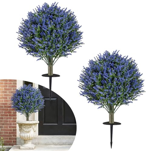COSTWAY Set of 2 Artificial Topiary Ball Trees, Faux Shrub Bushes with Ground Spikes, Indoor Outdoor Sun-proof Fake Floral Greenery Topiary Plants for Porch, Garden, Yard (60cm, Lavender Tree)