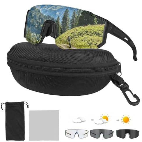 Sports Cycling Glasses - Photochromic Clear Cycling Sunglasses, UV400 Windproof Shades, Running Sunglasses and Glasses Case, Cloth, Pouch for Men Women Fishing Running Golf Outdoor Bicycle (Black)