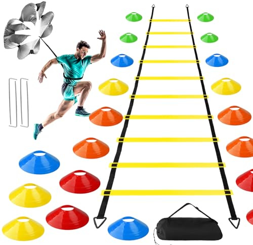 JOTOL Kit Allenamento Calcio, Accessori per l'allenamento di Calcio con Agility Ladder 6m, 20 Cinesini, Paracadute Allenamento, Borsa da Trasporto per Regalo Calcio per Bambini