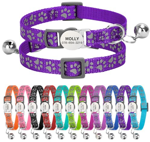 Personligt reflekterande katthalsband med namnetikett, snabbfrigörande kattunge-halsband med klocksäkerhetsspänne, justerbar nylon katthalsband för katter kattungar UK Prime (19–30 cm, mörklila tass)