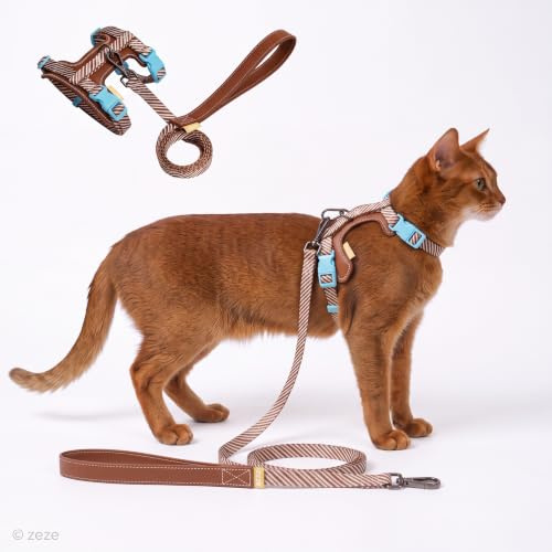 zeze Cat Harness and Lead Set, Escape Proof Adjustable Leather H-Harness for Cats, Kittens & Small Dogs, Lightweight with 1.2m Leash for Walking, Brown Striped