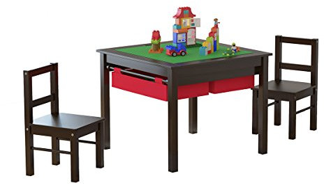 UTEX Wooden 2 in 1 Kids Construction Play Table and 2 Chairs Set with Storage Drawers, and Built in Plate Compatible with Lego and Duplo Bricks(Espresso with Red Drawers)