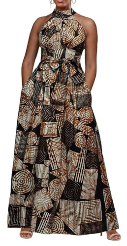 VERWIN Floor Length Lace-Up High Waist Stand Collar Sleeveless Women's Maxi Dress Print Dress