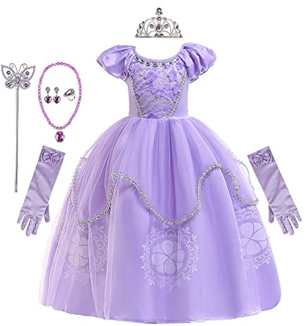 REXREII Girls Kids Princess Sofia Costume Fancy Dress Halloween Christmas Party Birthday Evening Ball Gown w/Gloves Accessories 3-4T