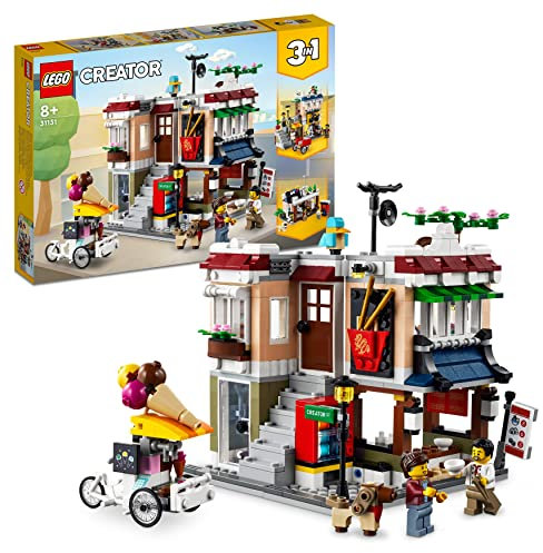 LEGO 31131 Creator Nudelladen, Fahrradladen und Spielhalle, 3in1 Konstruktionsspielzeug mit Zubehör wie Spielautomaten, Bonsai und Hunde-Figur, Geschenk für Kinder ab 8 Jahren, Modular Building