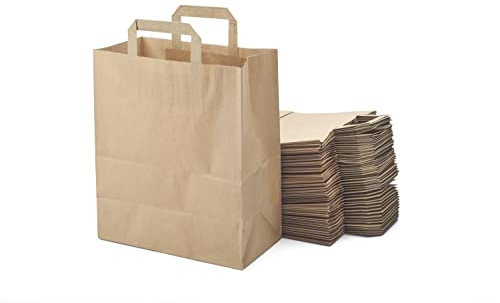 Lote de 50 bolsas de papel Kraft con asas planas, sólido para las carreras, embalaje de regalo para cumpleaños, fiestas, boda. (25 x 14 + 30 cm)