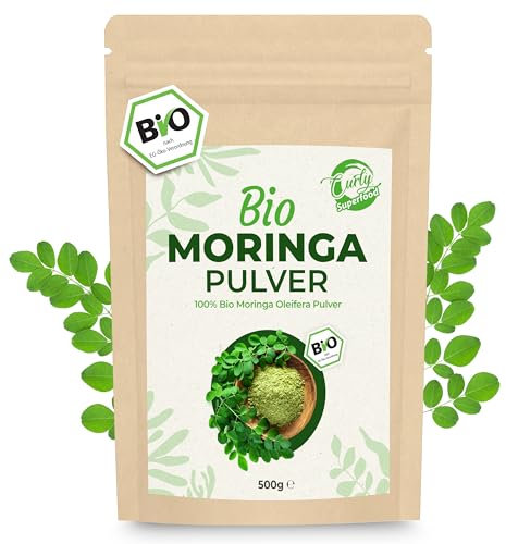 Curly Superfood Moringa Pulver Bio 500g - 100% naturreine BIO Rohkostqualität - Fein gemahlenes Bio Moringa Pulver für Moringa Tee, Smoothies, Säfte & Speisen