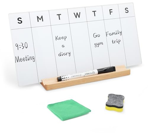 Desktop Glass Weekly Whiteboard with Detachable Wood Stand Weekly Dry Erase Board Weekly Calendar Whiteboard Weekly Planner to Do List White Board Desk Planner 11.8x5.86 for Office, Home, School