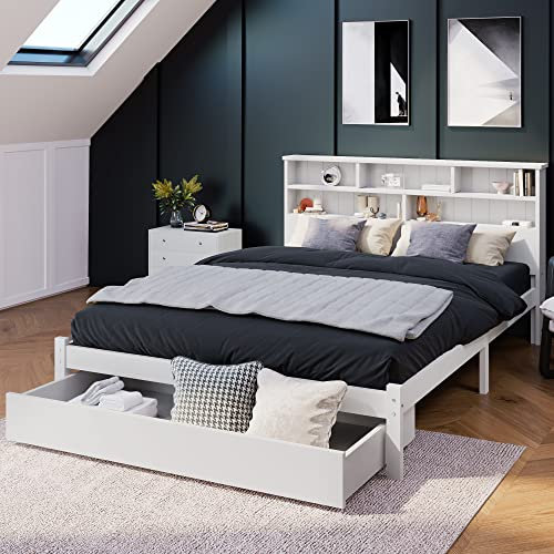 Kehun Doppelbett Holzbett 140x200, Stauraumbett mit Stauraum Schubladen und Lattenrost, Kopfteil mit Bücherregal, Bett mit Massivholz, Jugendbett Erwachsenebett, Weiß, Ohne Matratze