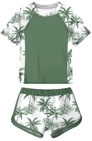 ADUKIDE Size 11 12 Kids Girl Rash Guard Swimsuit Two Piece Tankini Set Coconut Tree Print Bathing Suit with Short Sleeve
