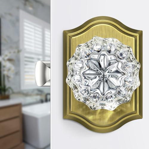 Calzibeno Glass Crystal Door Knobs Interior, Antique Brass Crystal Door Knobs with Lock for Privacy Use, Vintage Crystal Glass Doorknob for Interior Bedroom Bathroom Doors