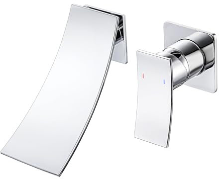 iVIGA Grifo de baño cascada: Grifo Lavadero Pared, Grifo de lavabo empotrado para montaje en pared – 2 agujeros grifo de pared con mango simple y caño grande grifo mezclador para baño(cromado)