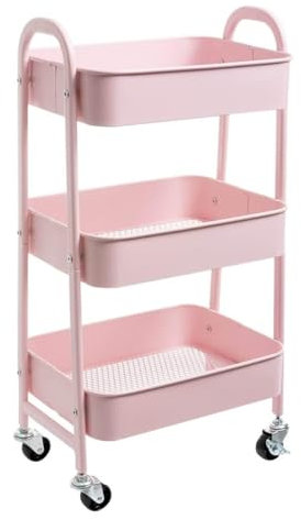 nwixbqoqn Aufbewahrungswagen auf 3 Regalebenen mit Rollen, Küchenrollwagen 3-Etagen, Rollwagen Metall Utility Cart Rollwagen Organizer Wagen mit Rädern für Küche Make-up Badezimmer Büro, Rosa
