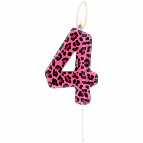 mciskin Velas con números de leopardo rosa, decoraciones de cumpleaños de leopardo, velas de guepardo rosa número 4 para pastel, decoraciones de 4º cumpleaños para niñas, tema de guepardo para niñas y