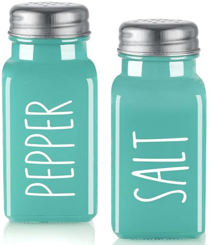 Turquoise Salt and Pepper Shakers Set - Teal Farmhouse Kitchen Decor and Accessories - Cute Glass Salt Shaker for Kitchen and Table, RV, Camp,BBQ