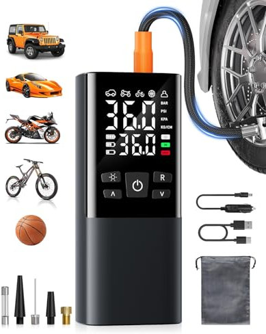 Lorrtta Compresseur d'air Portable, Gonfleur de Pneus Voiture, 150PSI, 6000mAh, Alimenté Par Batterie et Allume Cigare, Affichage LED, Lampe Poche, Type-C, Convient Aux Vélos, Voitures et Motos