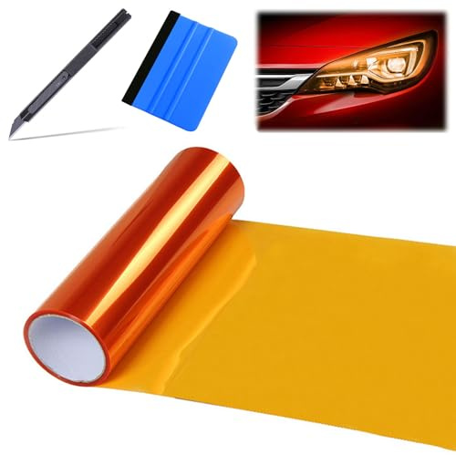 BASTOUR Scheinwerfer Folie Tönungsfolie Aufkleber, Scheinwerfer Tönungsfolie, Rückleuchten Folie, Auto Licht Tönungsfolie, Tönungsfolie Scheinwerfer, Zuschneidbar, mit Schaber, 30X120cm (Orangerot)