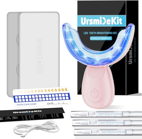 Woobroo Revolutionary Teeth Whitening Kit, 16X Dual LED Lights, Enamel Safe - IPX 7 Waterproof & 3 Teeth Whitening Pens - Non Sensitivity Formula, Removes Stains from Coffee, Tea & Smoking (Pink)
