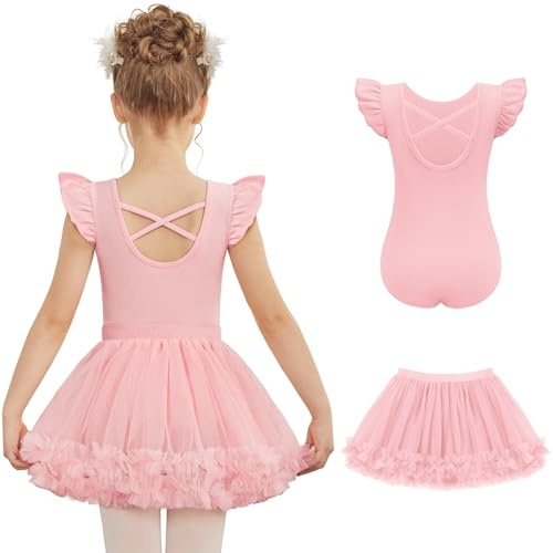 Zaclotre Girls Ballet Leotards Toddler Ruffle Sleeve Crisscross Back Tutu Dance Dress Outfit with Removable Skirt Combo