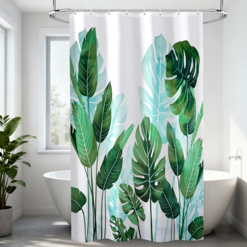 HAGOT Duschvorhang 120x200 cm, Antischimmel Duschvorhang, Grün Strelitzia Pflanzen, mit 8 Haken, Wasserdicht Duschvorhänge, für Badezimmer Badewanne