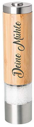 Électrique Moulin à Poivre Ou Sel Incl. Gravure Gravé, Électrique, Bambou/Inox, Broyeur en Céramique, Intégré LED, Incl. Piles