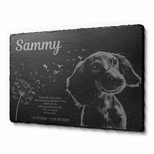 Grabstein Gedenkstein aus Schiefer Grabplatte mit Gravur Regenbogen 30x20 cm | Gedenktafel für Haustiere Hund Katze personalisiert | Gedenkplatte Grabschmuck Urne Andenken wetterfest
