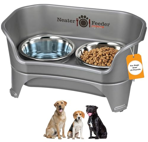 Neater Feeder Express Mess Proof Dog Bowls Elevated for Medium to Large Sized Breed, No Spill Raised Dog Food Bowl Stand, Stainless Steel Food and Water Bowl Set, Pet Dish Feeding Station, Grey