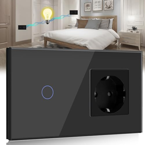 BSEED Interruptor Tactil de Pared y Enchufe Schuko - 1 Gang 2 Vías, Panel de Cristal Conmutador de Superficie, 16A 250V Negro