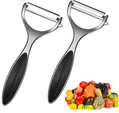 Mecmbj Schäler Gemüse Set, 2 Stücke Kartoffelschäler Edelstahl Gemüseschäler in Y-Form Gerader/Gezackte Schäler mit Rutschfesten Griff für Küche Gemüse Obst Auberginen Mango Gurken
