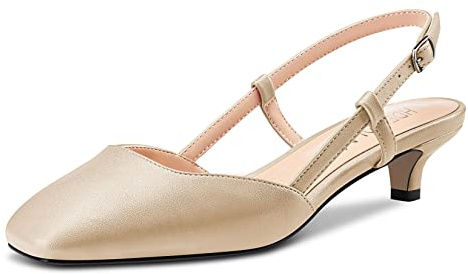 HDEUOLM Femmes Bas Kitten Talon Heel Ouvert Carré Bout Slingback Slip-on Escarpins Cute Dress 3.5 CM Heels Sandales Or Matte 37 EU