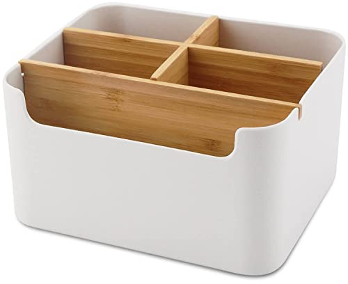 VICDUEKG Organiseur de bureau à 5 compartiments en bambou avec porte-stylos, boîte de rangement pour stylos, cosmétiques, notes adhésives (blanc)